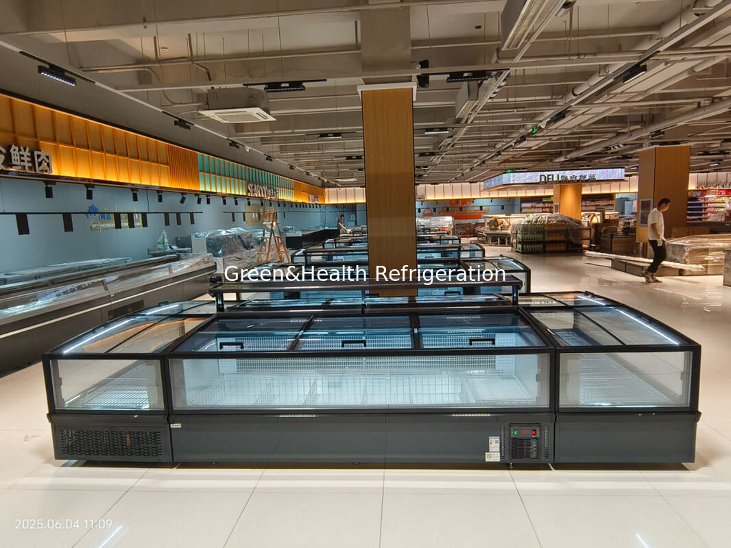 大型ガラス窓とSecopコンプレッサーを組み合わせた直販工場価格のアイランドディスプレイフリーザー