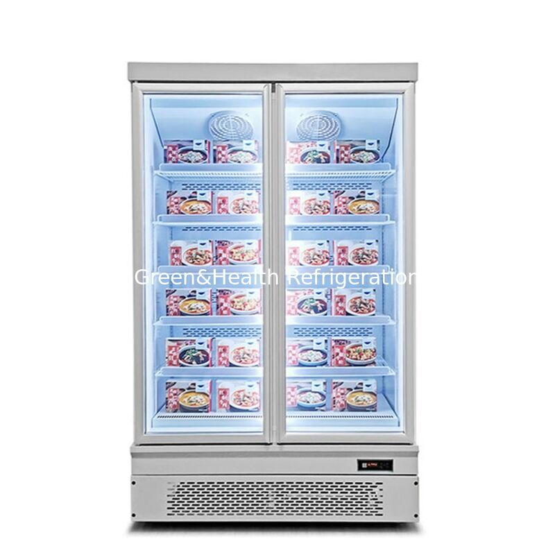 Bottom Mounted Upright 2 Glass Door Commercial Display Freezer with Automatic Defrost and Stainless Steel Exterior