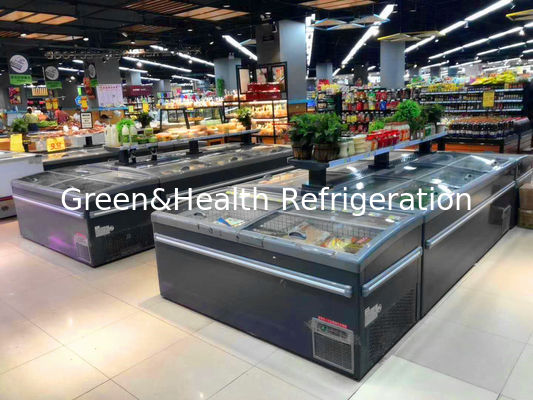 ふたの滑走を用いるスーパーマーケットの肉及び魚の島の表示フリーザー